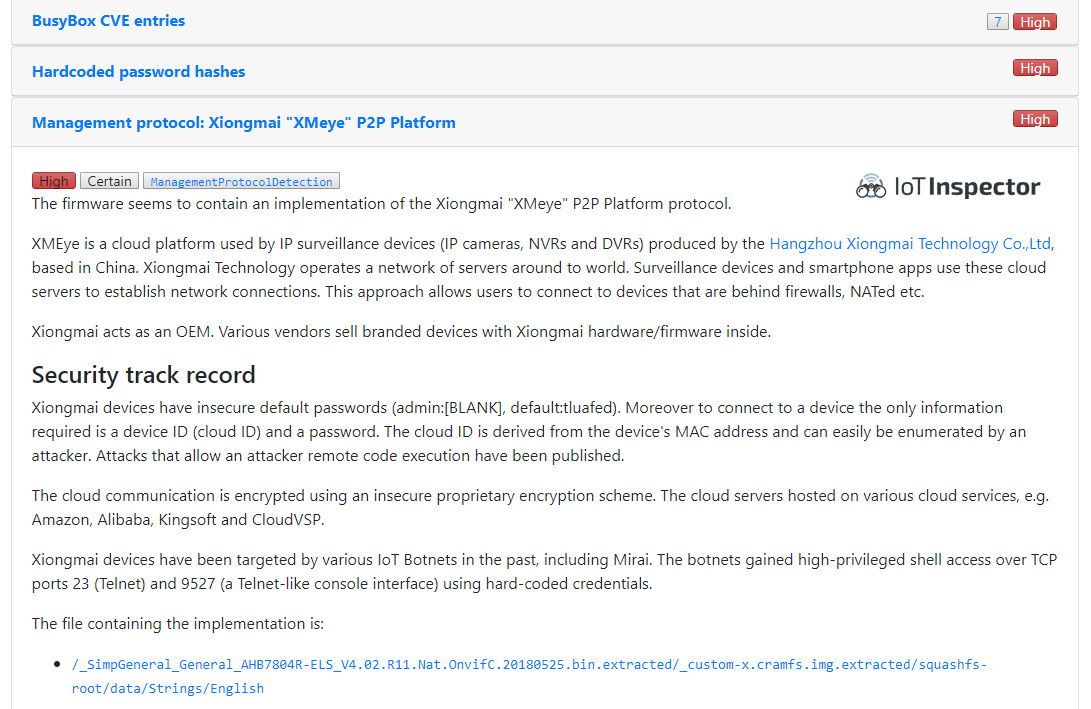 Excerpt of IoT Inspector results for a Xiongmai device